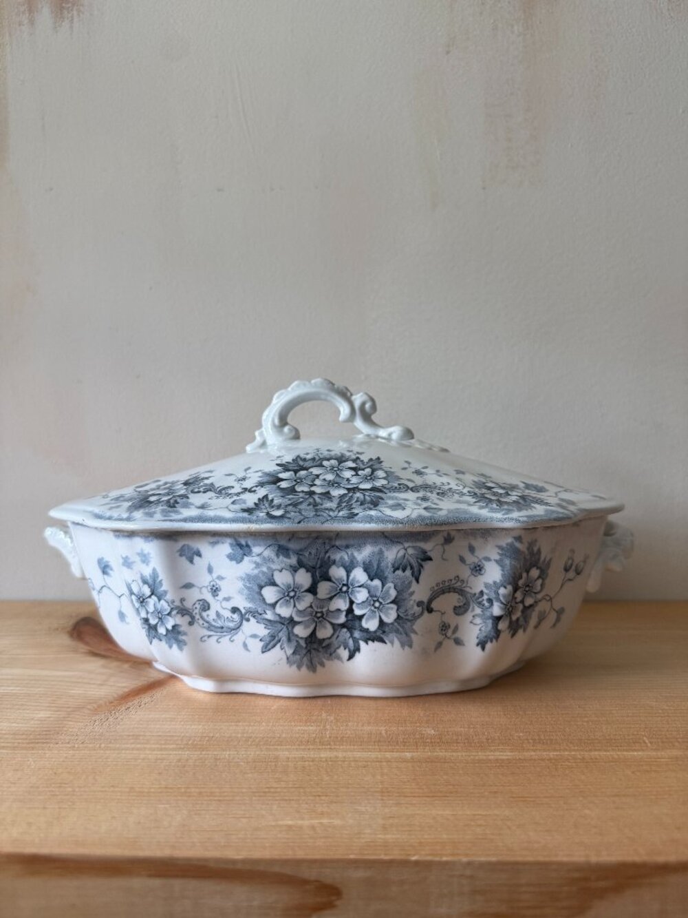 Antique 1893 JHW & Sons Stratford Blue Gray Transferware Tureen | Lidded Dish